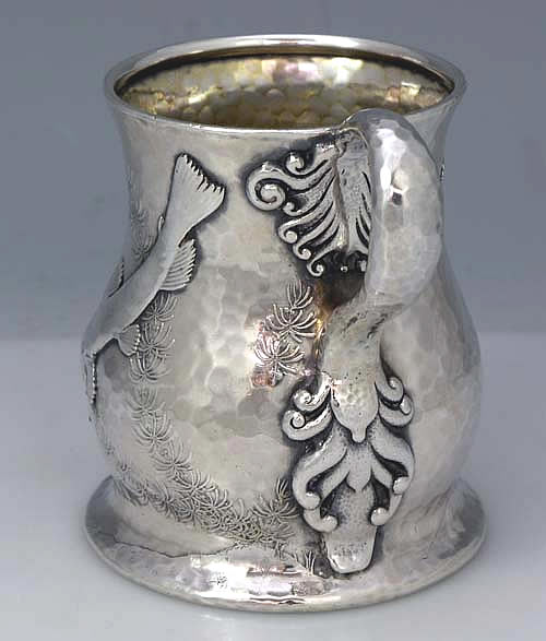 tiffany sterling aesthetic hammered cup with applied fish and crab